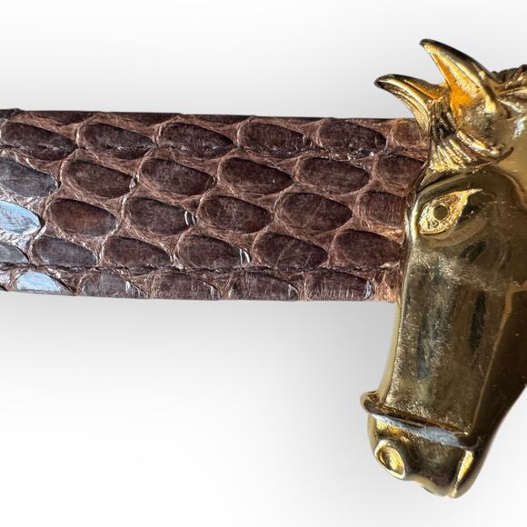 Vtg Alexis Kirk Belt Four Horse Head Gold Tone Buckle Brown Snake Leather 1980s main image 6